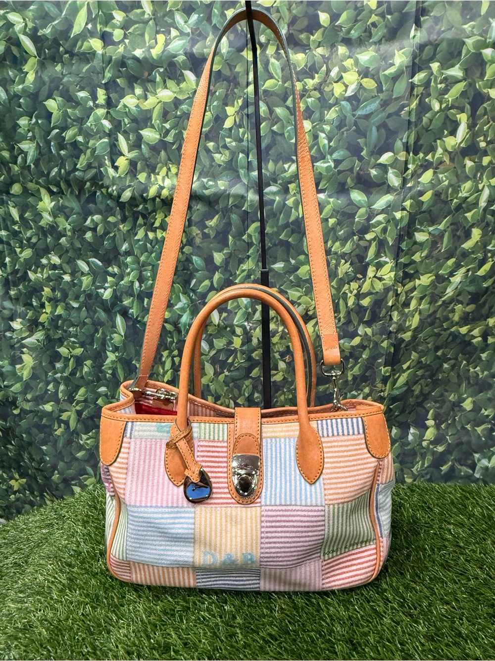 Vintage Dooney & Bourke Y2K Pastel Seersucker Patchwork Tote Satchel Handbag